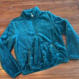 Lilly Pulitzer Faux Fur Quarter Zip Pullover | Size S | Teal Blue Gold Zip